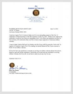 Thank You letter from The American Legion to Warren McElwain